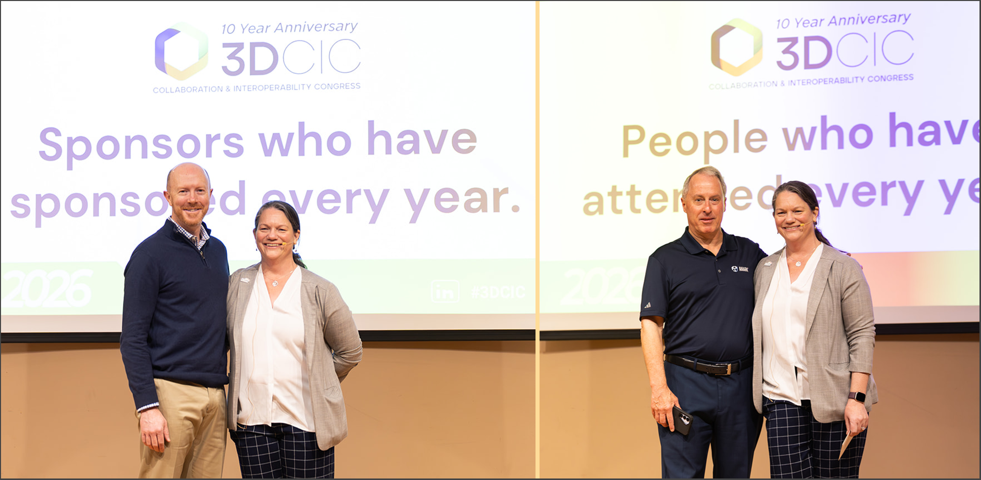Patrick Dunfey and Jim Martin receiving 10-year recognition awards at the 3D CIC conference presented by Jennifer Herron of Action Engineering.