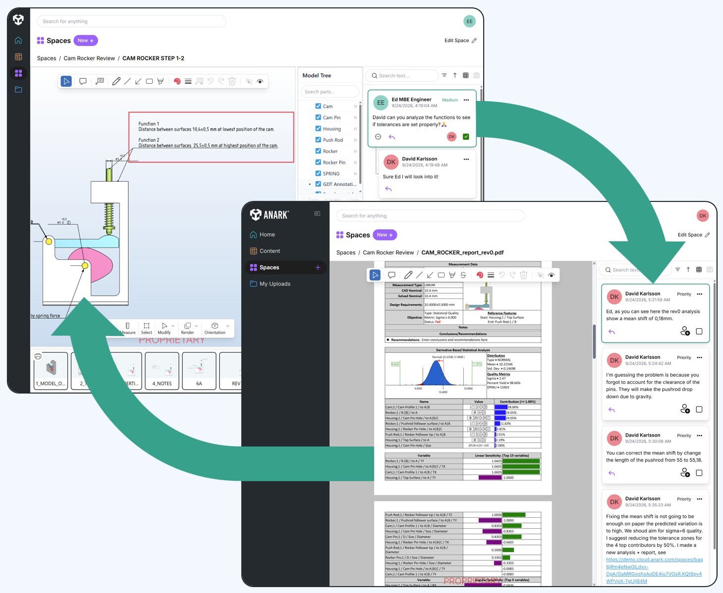 Anark Collaborate connecting 3D models, technical documents, review feedback, and engineering decisions