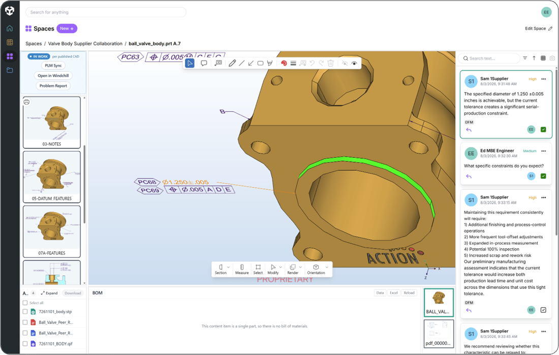 Anark Collaborate displaying a 3D MBD model, PMI, technical content, and contextual engineering feedback Anark Collaborate displaying a 3D MBD model, PMI, technical content, and contextual engineering feedback