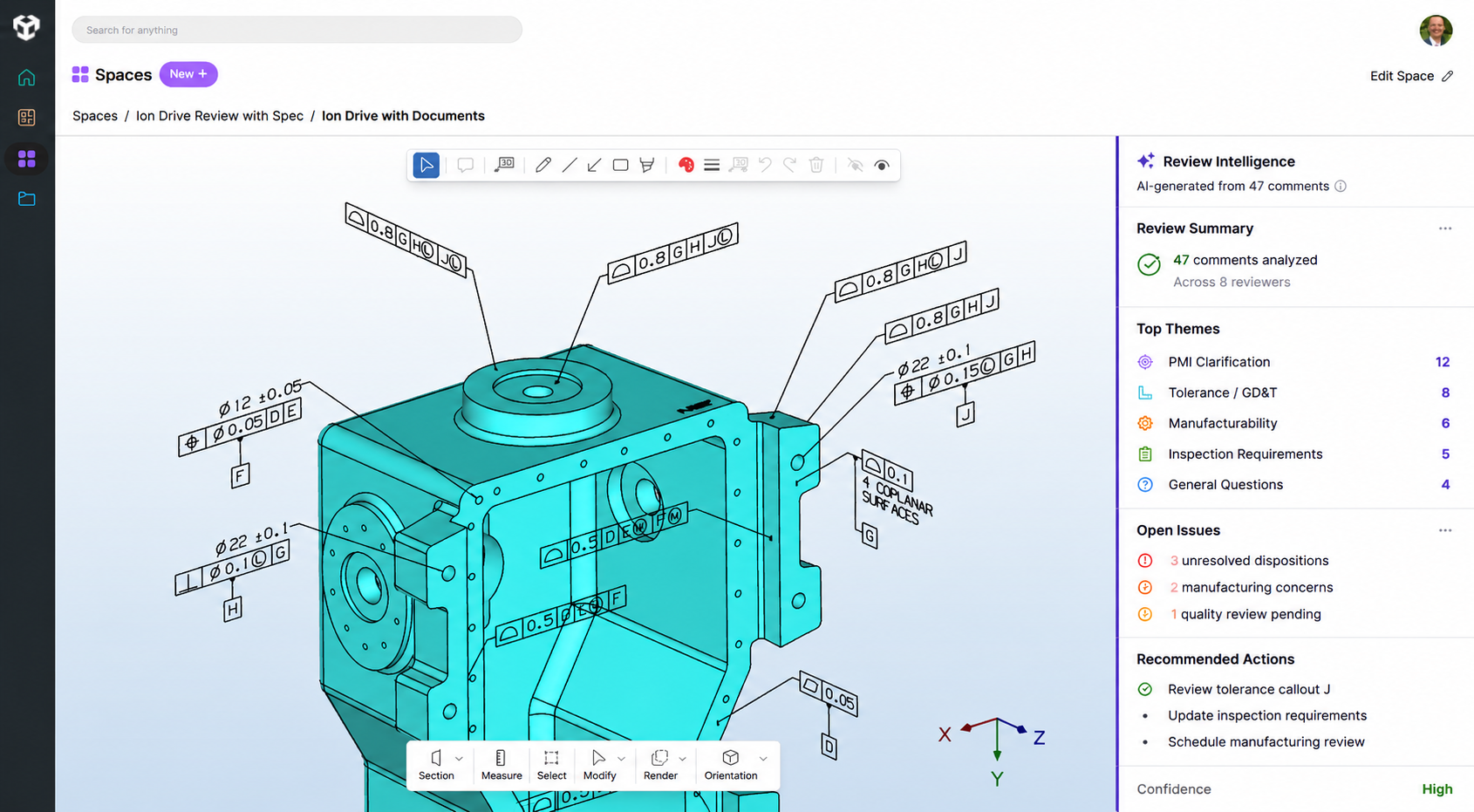 Review Intelligence Accelerator in Anark Collaborate automatically summarizes engineering review comments, identifies themes, highlights unresolved issues, and recommends next actions in the context of a 3D MBD model.
